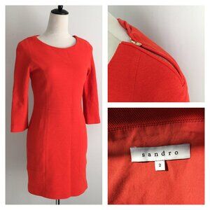 SANDRO Red/Orange Wool Blend Gold Zip Shoulder 3/4 Sleeve Sheath Shift Dress